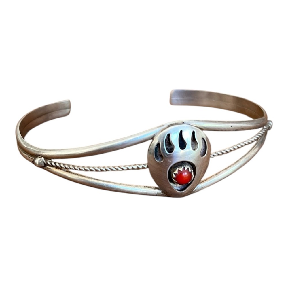 Vintage Sterling Silver Bear Claw Cuff Bracelet with Red Coral